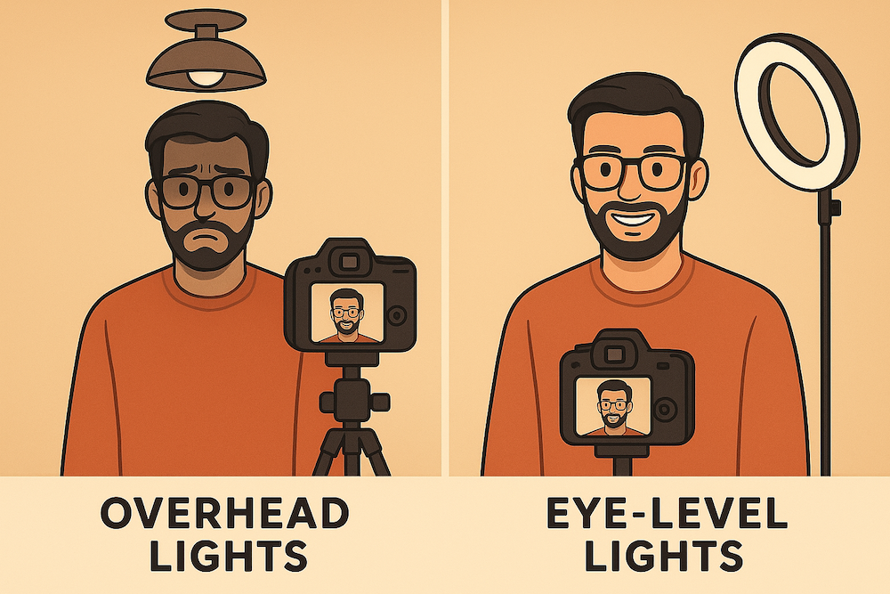 Avoid Overhead Lights: They cast unflattering shadows. Use lights at eye level instead.
